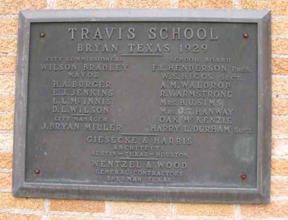 Plaque originally place on Travis School in 1920 listing the City Council and School board members at the time the building was constructed.